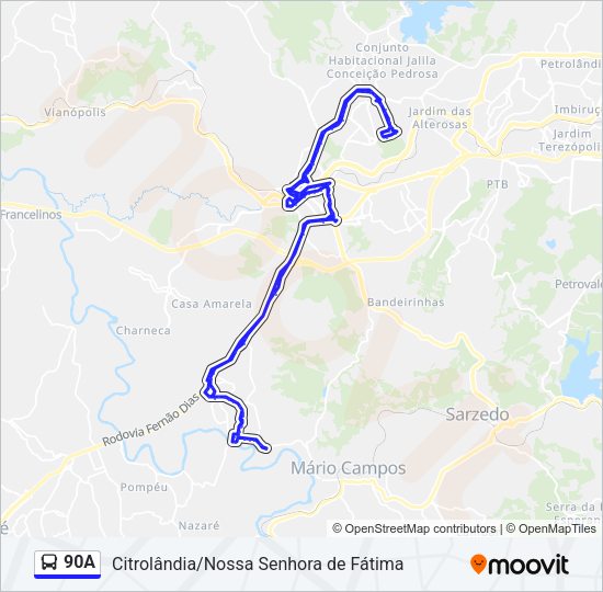 Mapa da linha 90A de ônibus