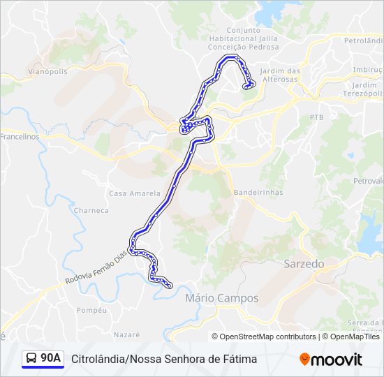 Mapa da linha 90A de ônibus