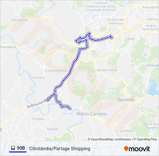 Mapa da linha 90B de ônibus
