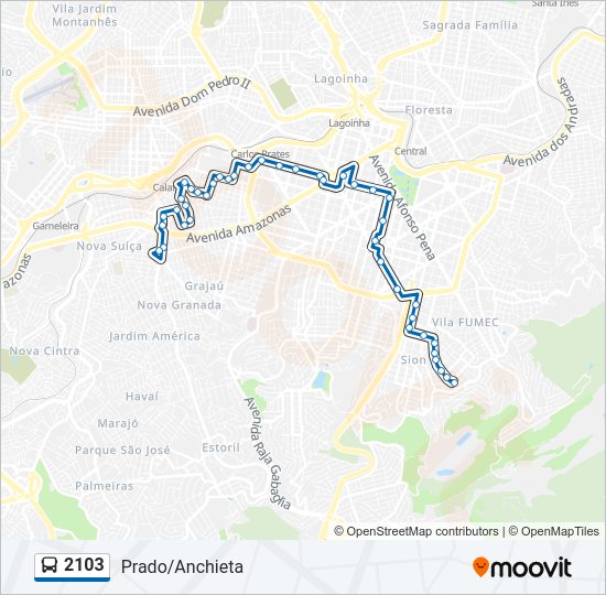Mapa da linha 2103 de ônibus