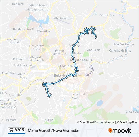 Mapa da linha 8205 de ônibus