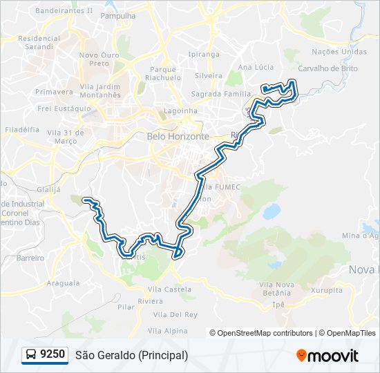 Mapa da linha 9250 de ônibus