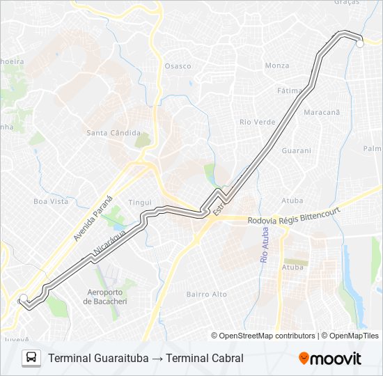 Mapa de B05 GUARAITUBA / CABRAL (LINHA DIRETA) de autobús