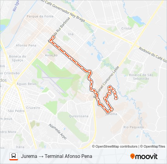 Mapa da linha 130 T. AFONSO PENA / JUREMA de ônibus