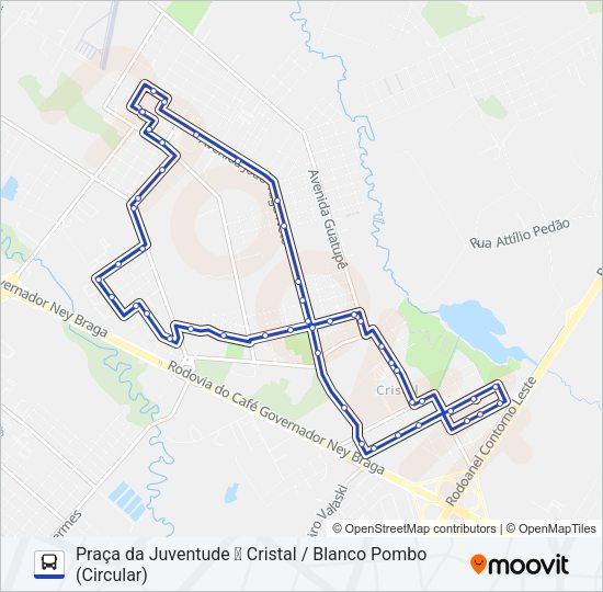 Mapa da linha 213 PIT PRAÇA DA JUVENTUDE / CRISTAL - BLANCO POMBO (HORÁRIO) de ônibus