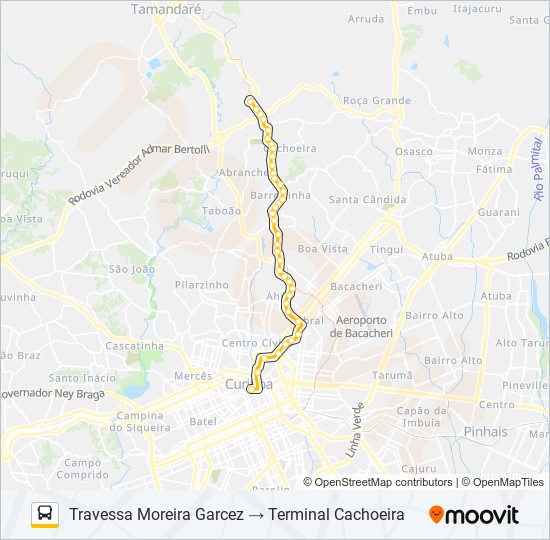 Mapa da linha A01 CACHOEIRA / CURITIBA de ônibus