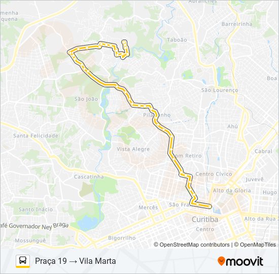 Mapa da linha A78 VILA MARTA / PRAÇA 19 de ônibus