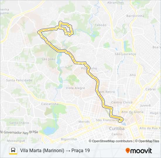 Mapa da linha A78 VILA MARTA / PRAÇA 19 de ônibus