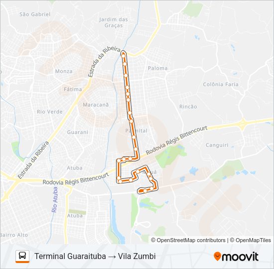 Mapa da linha B44 VILA ZUMBI / GUARAITUBA de ônibus