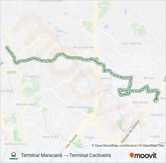 Mapa da linha I90 T. CACHOEIRA / T. MARACANÃ de ônibus