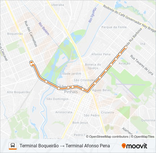 Mapa da linha E11 T. AFONSO PENA / T. BOQUEIRÃO de ônibus