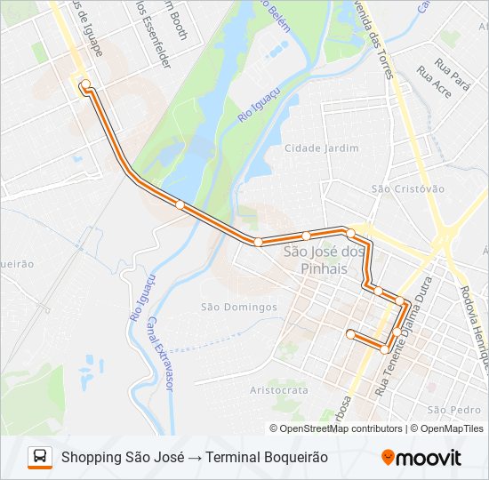 Mapa da linha E21 CENTRO SÃO JOSÉ / T. BOQUEIRÃO de ônibus