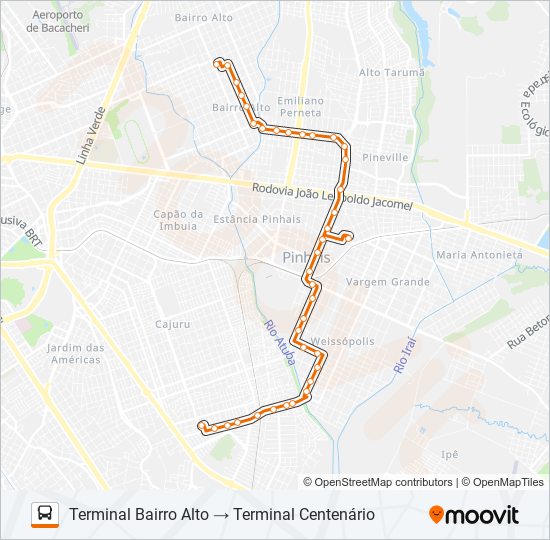 Mapa da linha C36 CENTENÁRIO / PINHAIS / BAIRRO ALTO de ônibus