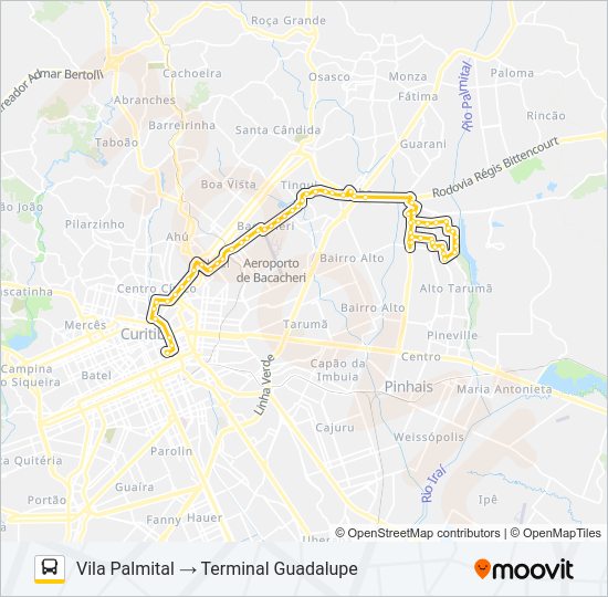Mapa da linha C72 VILA PALMITAL / CURITIBA (VIA CONJUNTO ATUBA) de ônibus