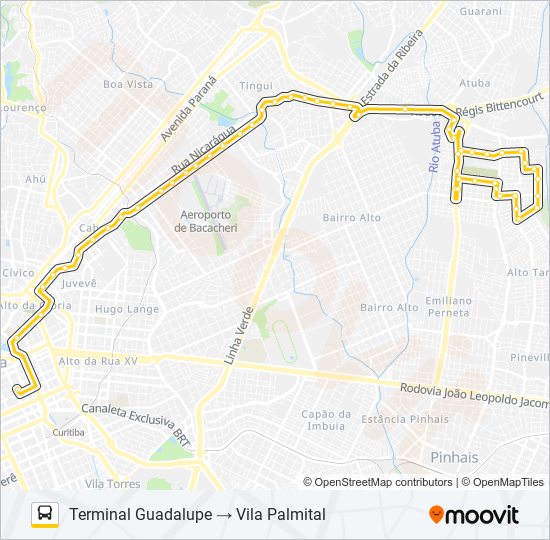 Mapa da linha C72 VILA PALMITAL / CURITIBA (VIA CONJUNTO ATUBA) de ônibus