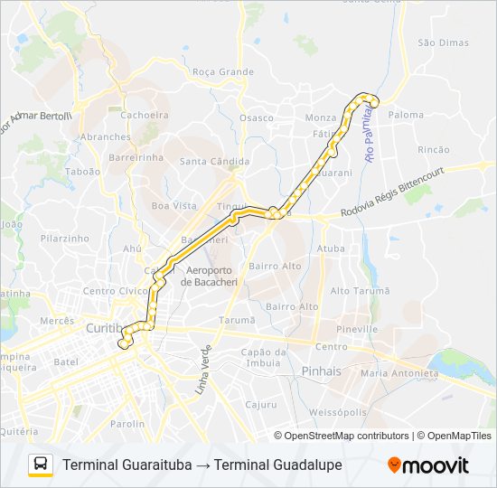 Mapa da linha B06 GUARAITUBA / GUADALUPE (VIA MARACANÃ / SEMIDIRETO) de ônibus