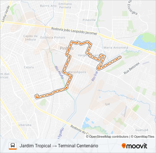 Mapa da linha C38 PINHAIS / CENTENÁRIO (JARDIM TROPICAL VIA VARGEM GRANDE) de ônibus