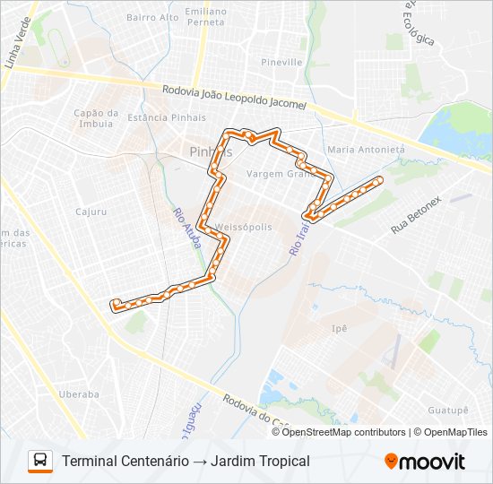 C38 PINHAIS / CENTENÁRIO (JARDIM TROPICAL VIA VARGEM GRANDE) bus Line Map