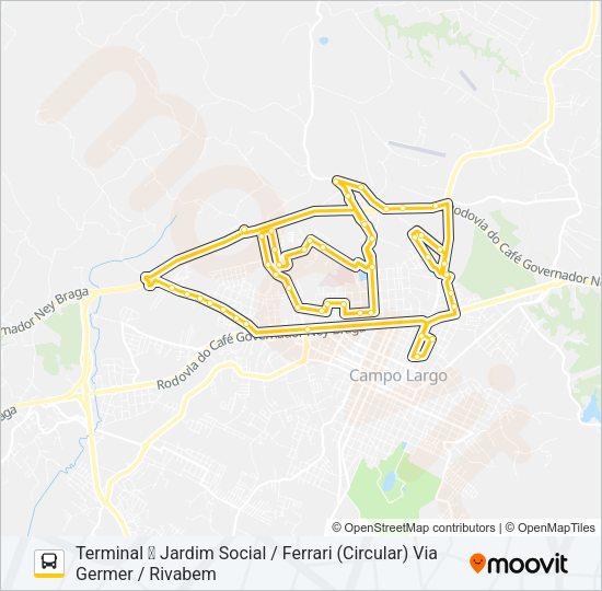 Mapa da linha 105 FERRARI / JARDIM SOCIAL de ônibus