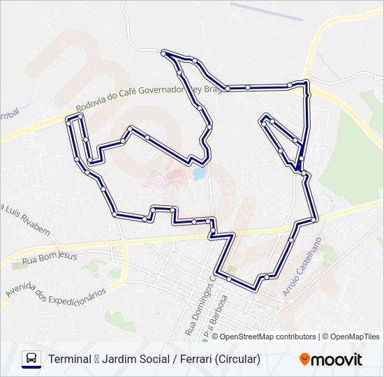 Mapa da linha 105 FERRARI / JARDIM SOCIAL de ônibus