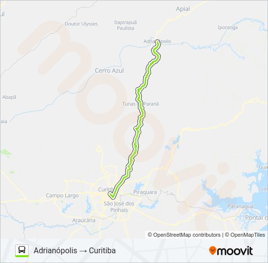 Mapa da linha 0950-500 CURITIBA / ADRIANÓPOLIS (VIA TUNAS DO PARANÁ) de ônibus