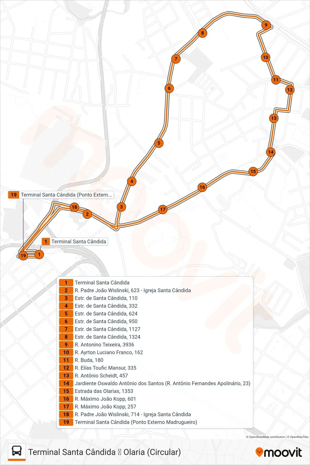 Rota e paradas da linha de ônibus 233 OLARIA (Terminal Santa Cândida ↻ Olaria (Circular)) no mapa