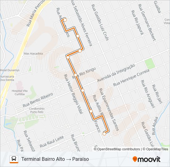 Mapa da linha 343 PARAÍSO de ônibus