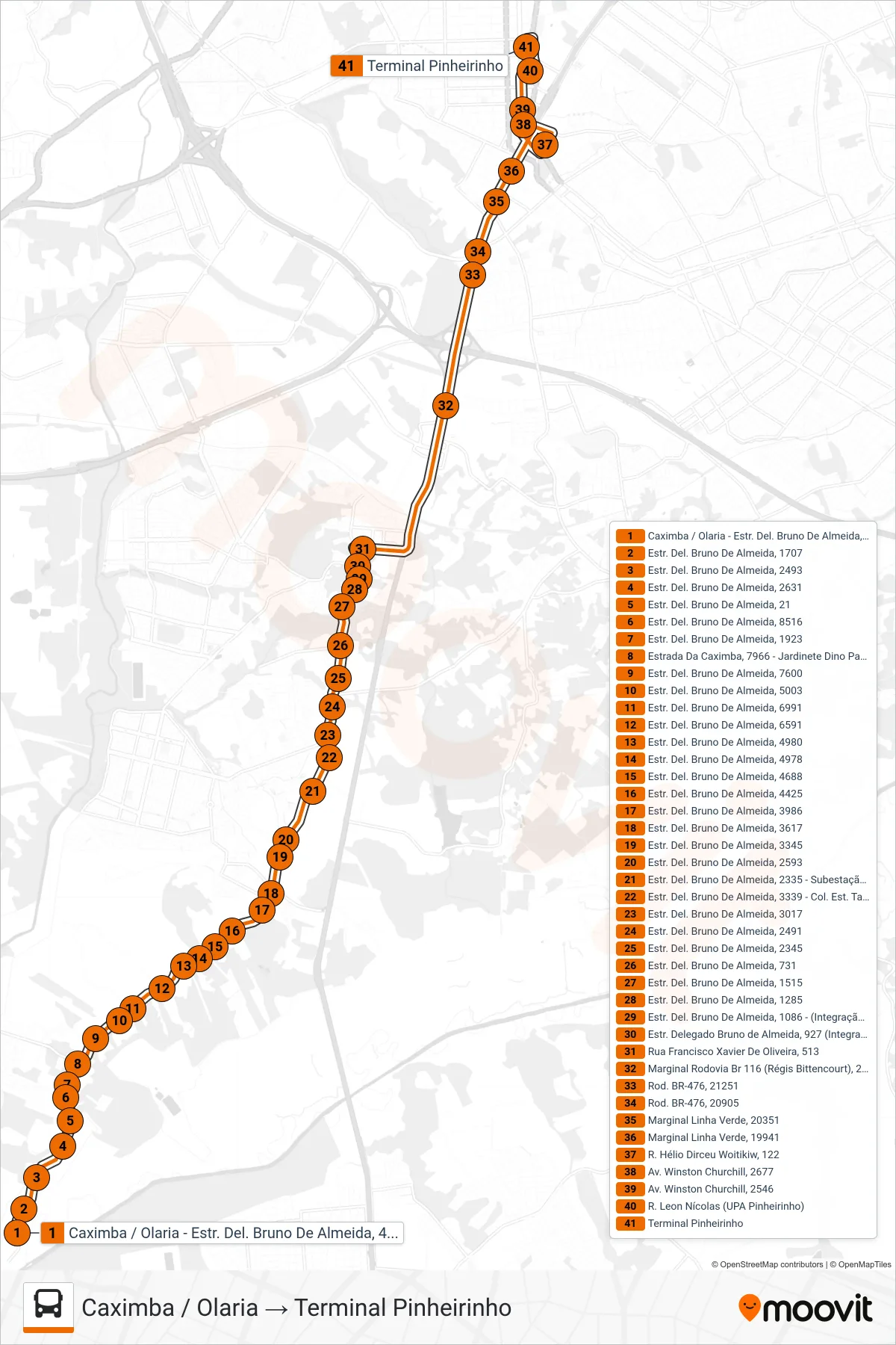 Rota e paradas da linha de ônibus 659 CAXIMBA / OLARIA (Caximba / Olaria → Terminal Pinheirinho) no mapa