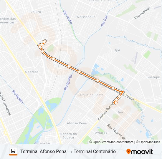 Mapa da linha E12 AFONSO PENA / CENTENÁRIO de ônibus