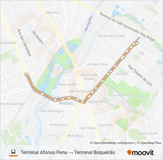 Mapa da linha E11 AFONSO PENA / BOQUEIRÃO de ônibus