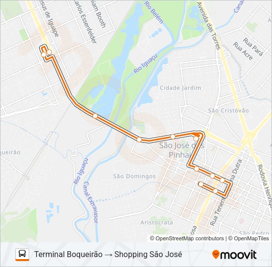 Mapa da linha E21 CENTRO SÃO JOSÉ / BOQUEIRÃO de ônibus