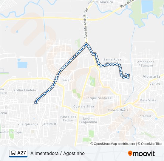 Mapa da linha A27 de ônibus