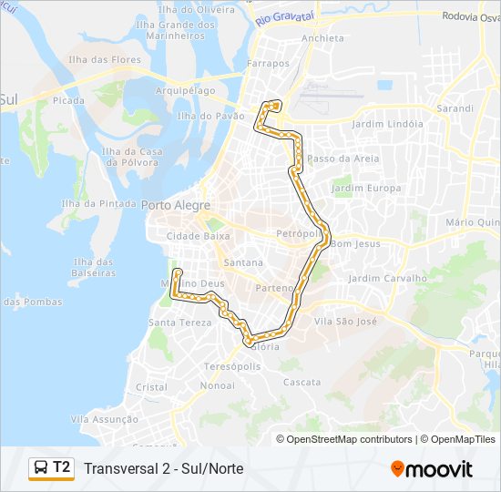 Mapa da linha T2 de ônibus