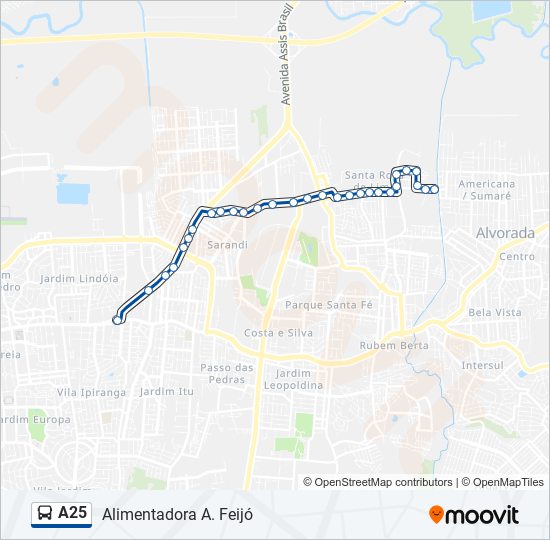Mapa da linha A25 de ônibus