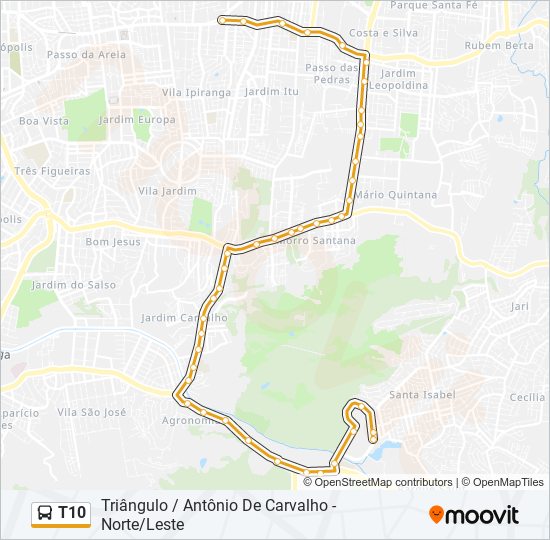 Mapa da linha T10 de ônibus