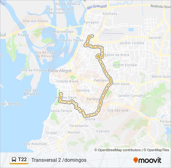 Mapa da linha T22 de ônibus