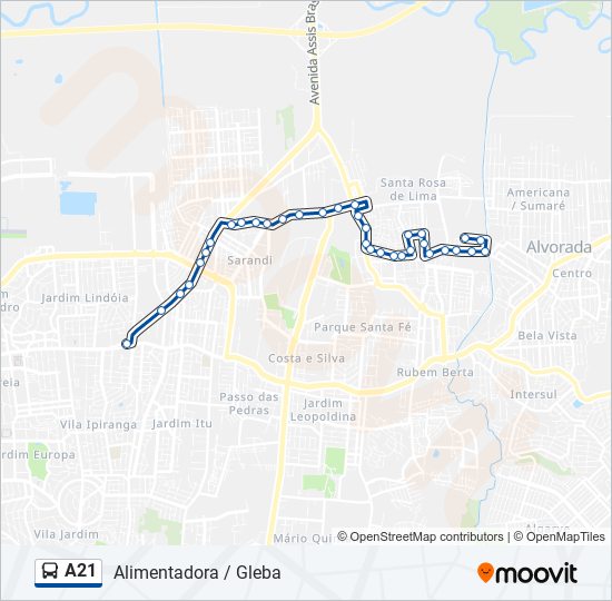 Mapa da linha A21 de ônibus