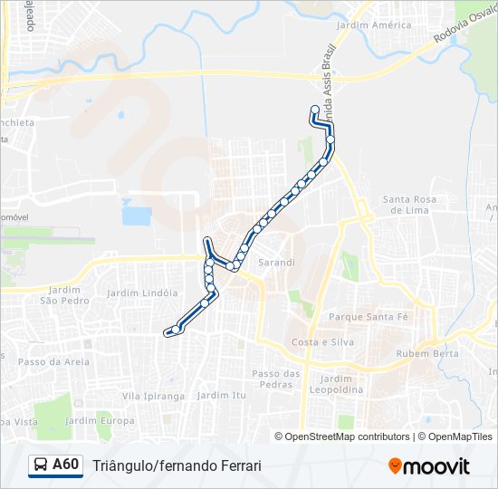 Mapa da linha A60 de ônibus