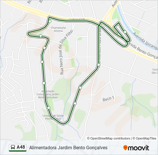 Mapa da linha A48 de ônibus