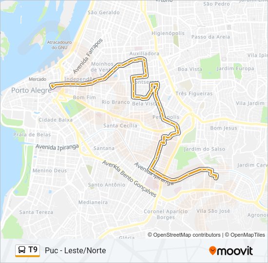 Mapa da linha T9 de ônibus