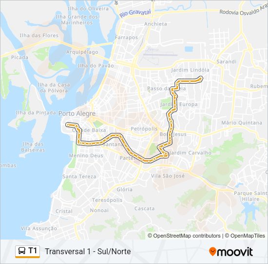 Mapa da linha T1 de ônibus