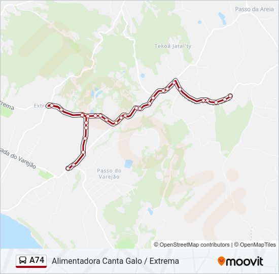 Mapa da linha A74 de ônibus