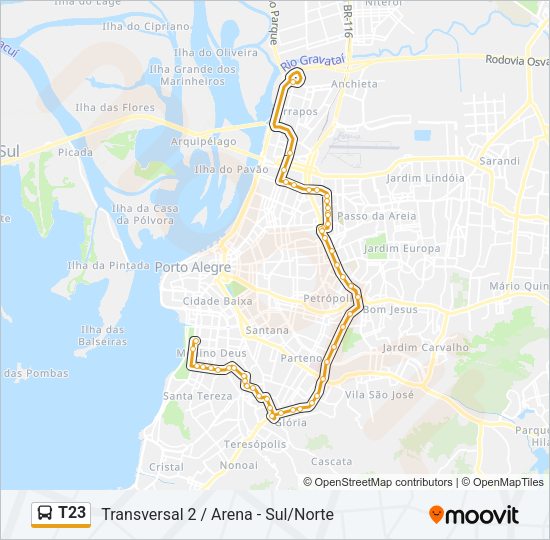 Mapa da linha T23 de ônibus