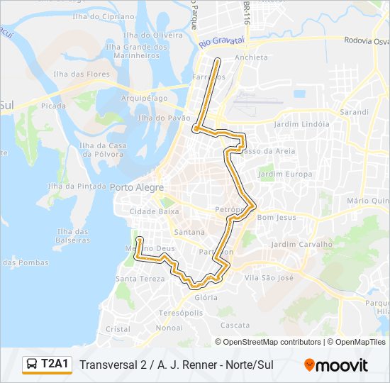 Mapa da linha T2A1 de ônibus