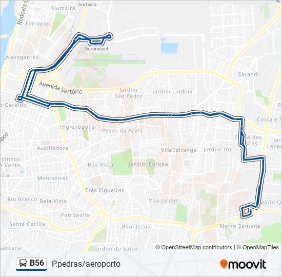 Mapa da linha B56 de ônibus