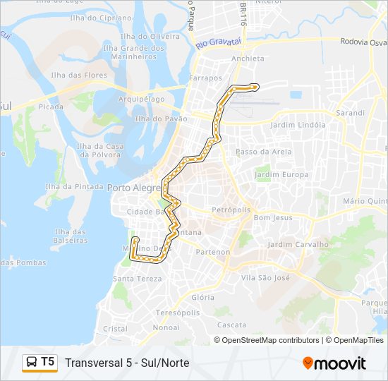 Mapa da linha T5 de ônibus
