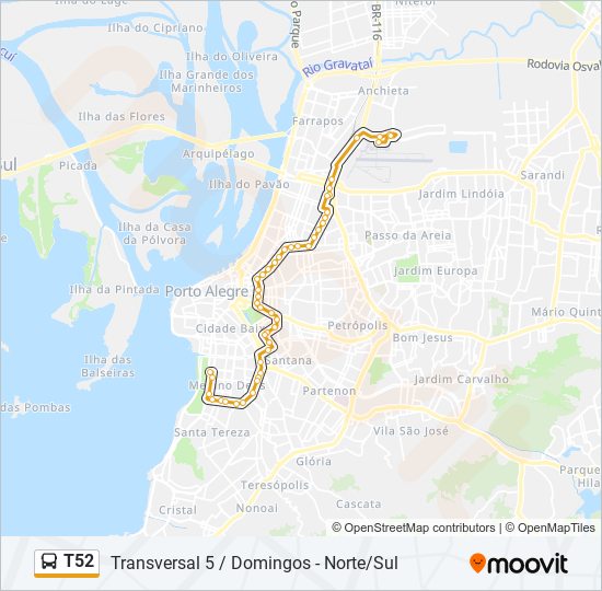 Mapa da linha T52 de ônibus