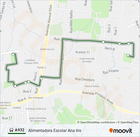 Mapa da linha A932 de ônibus