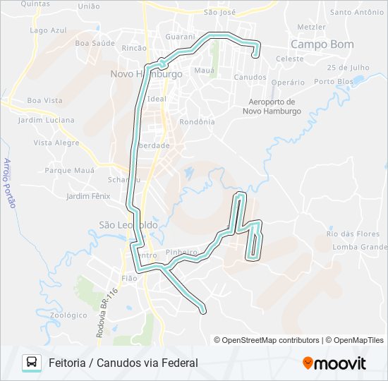 Mapa da linha R037 FEITORIA / CANUDOS VIA FEDERAL de ônibus