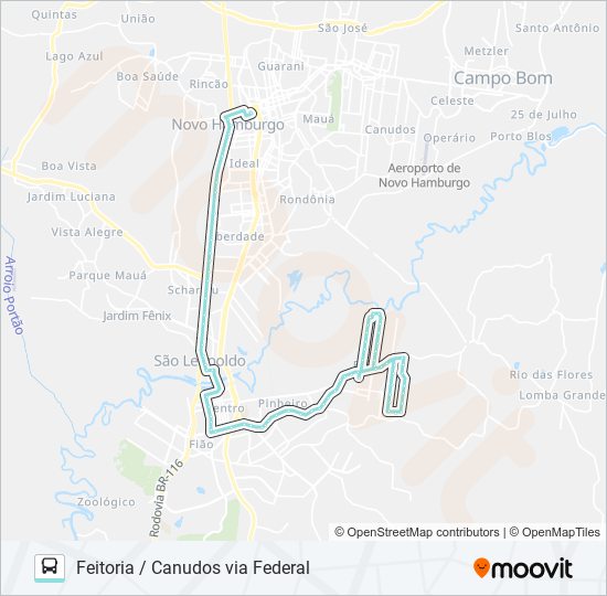 Mapa da linha R037 FEITORIA / CANUDOS VIA FEDERAL de ônibus